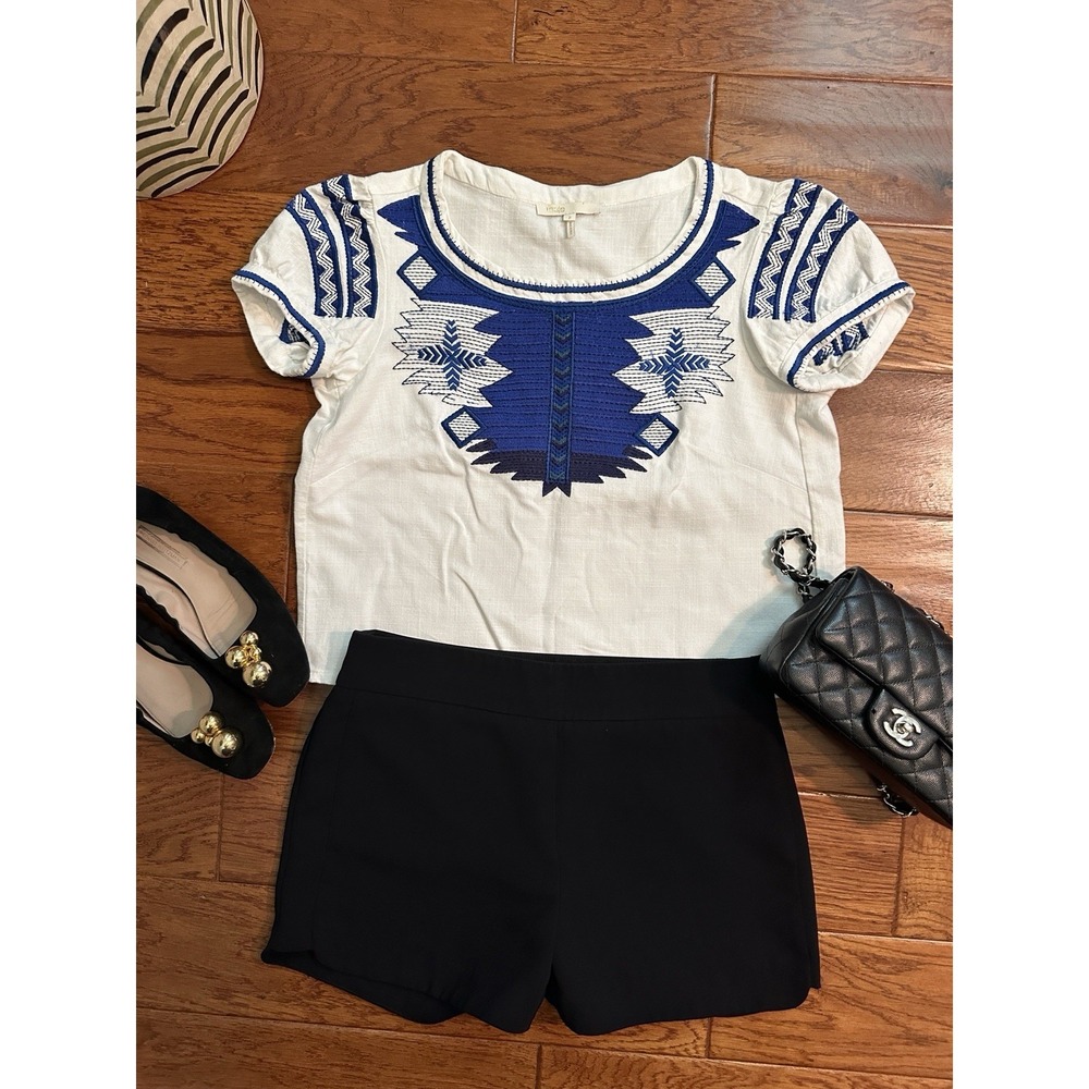 Maje Paris Embroidered Cotton Boho Top White Blue Short Sleeve Size 2 M/S Rare